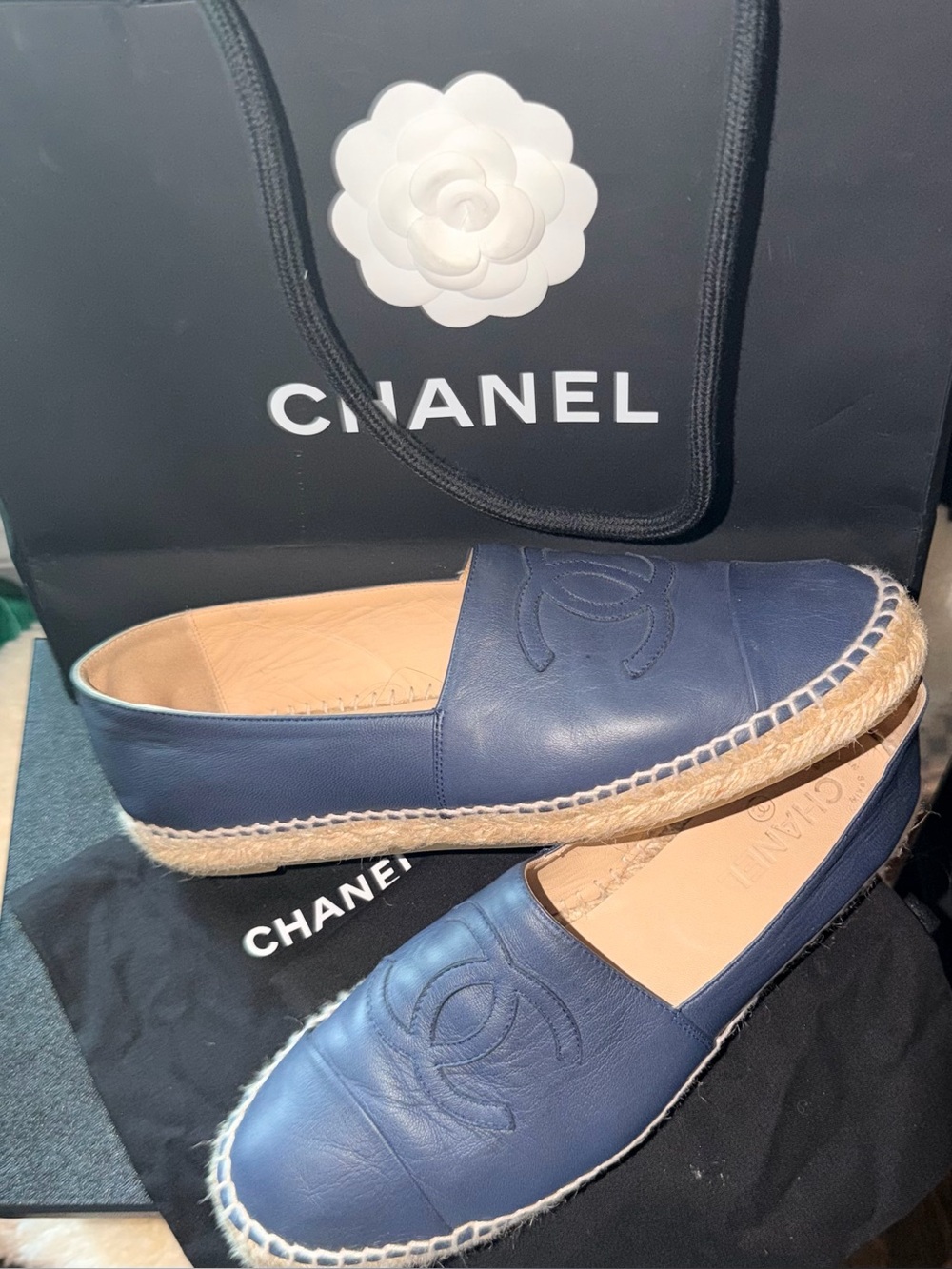 CHANEL Navy Blue Leather Espadrille Flats - Picture 2 of 5